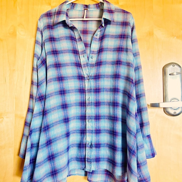 Free People Oversized Plaid Tunic Shirt Blue Purple Size 6 / Small - Picture 1 of 5